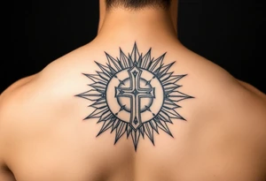Exotic cross inside a solar circle tattoo idea