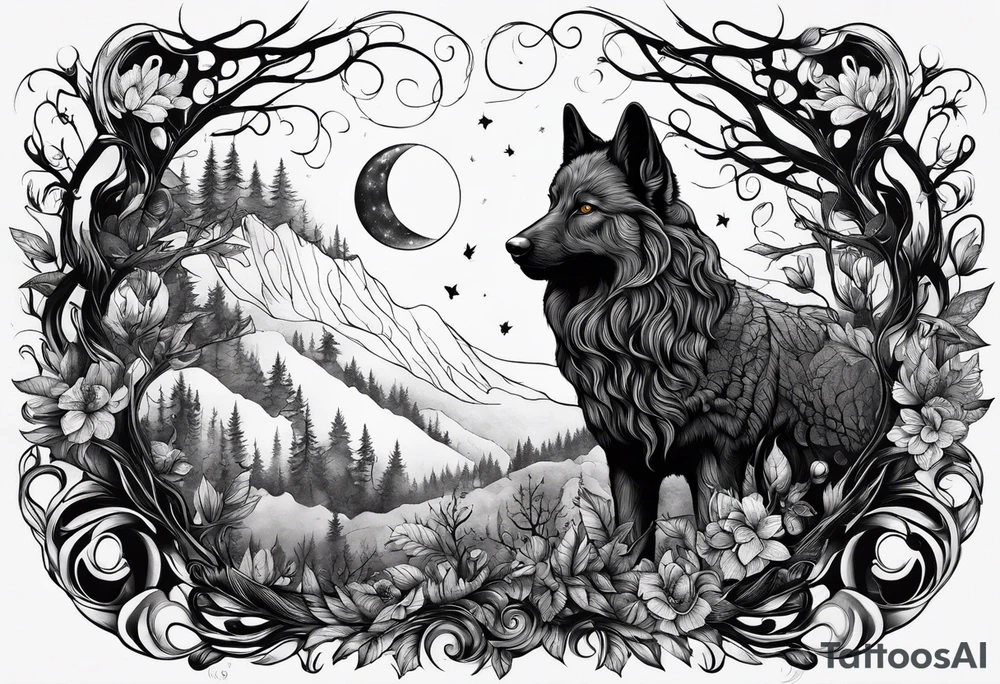 Lupo nella foresta con luna piena tattoo idea