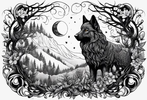 Lupo nella foresta con luna piena tattoo idea
