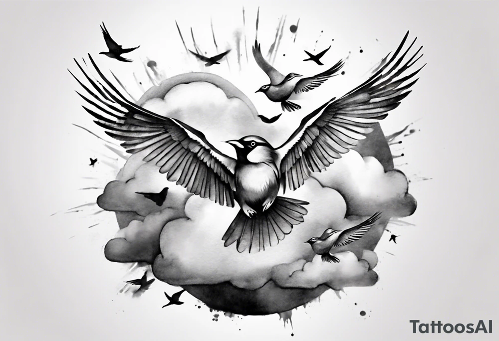 shoulder tattoo with light rays with birds flying free among the clouds, round shape, 3d effect tattoo idea shoulder tattoo with light rays with birds flying free among the clouds, round shape, 3d effect tattoo idea