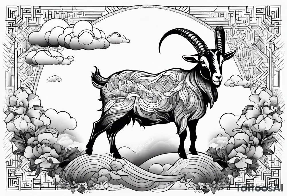 full body goat with clouds in japanese style tattoo idea