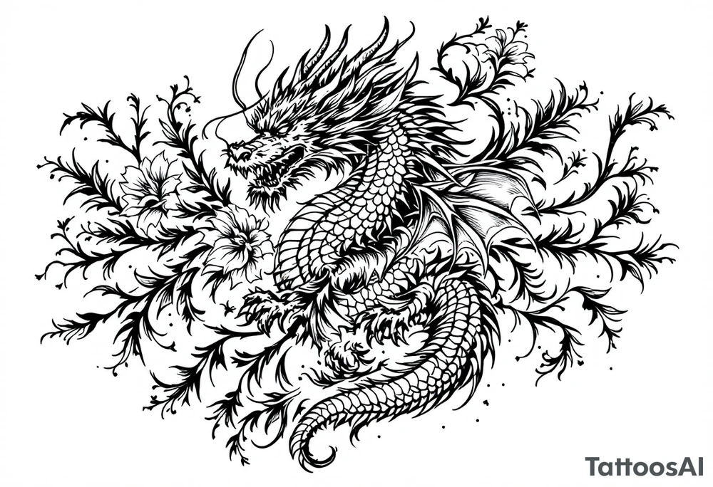 un dragon central entouré de fleurs de lys tattoo idea
