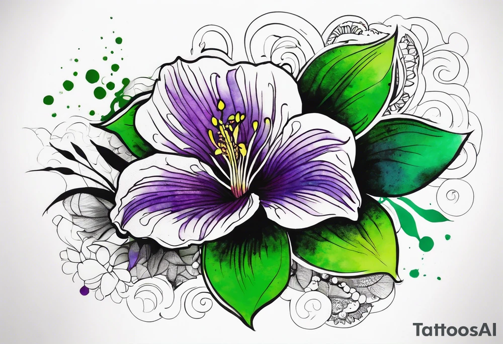 An outline of a rio dipladenia flower with a green and purple watercolor splash in the background tattoo idea