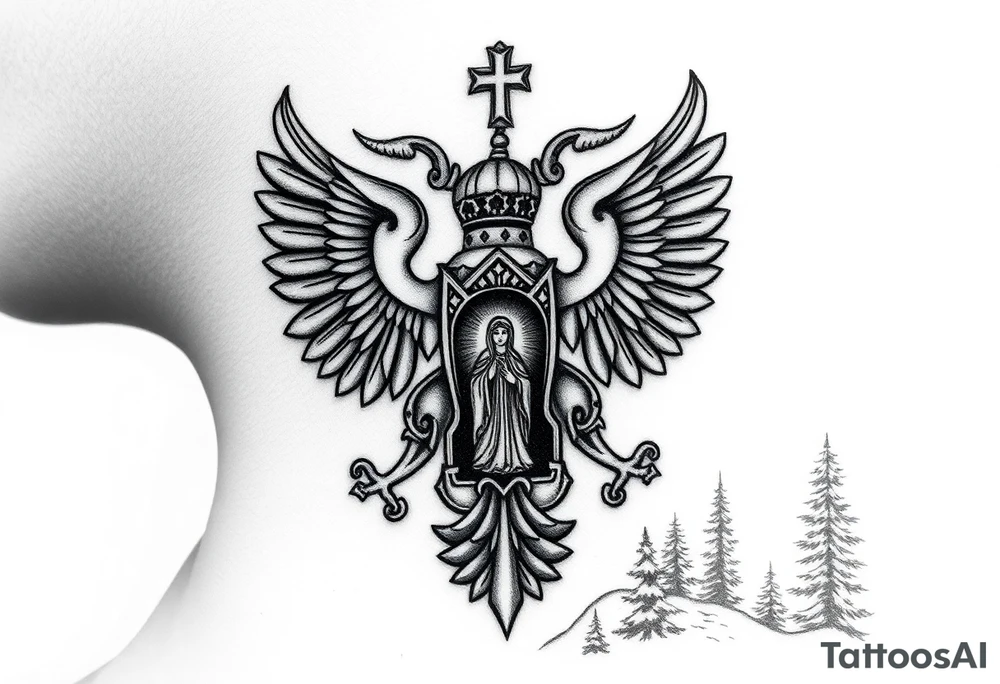 russian coat of arms double headed eagle traditional christian orthodox cross with a virgin mary stood in the entrance of a russian orthodox dome church on the side of the neck in a wilderness setting tattoo idea