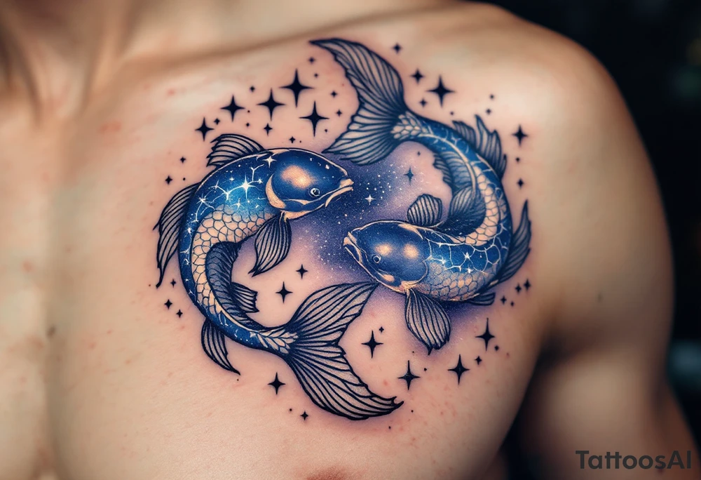 Twin koi fish swim around a sparkling navy Pisces constellation, merging the symbol and stars in harmony. tattoo idea