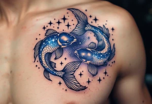 Twin koi fish swim around a sparkling navy Pisces constellation, merging the symbol and stars in harmony. tattoo idea