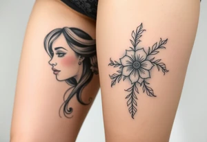 Full thigh tattoo with pretty girl and art work tattoo idea