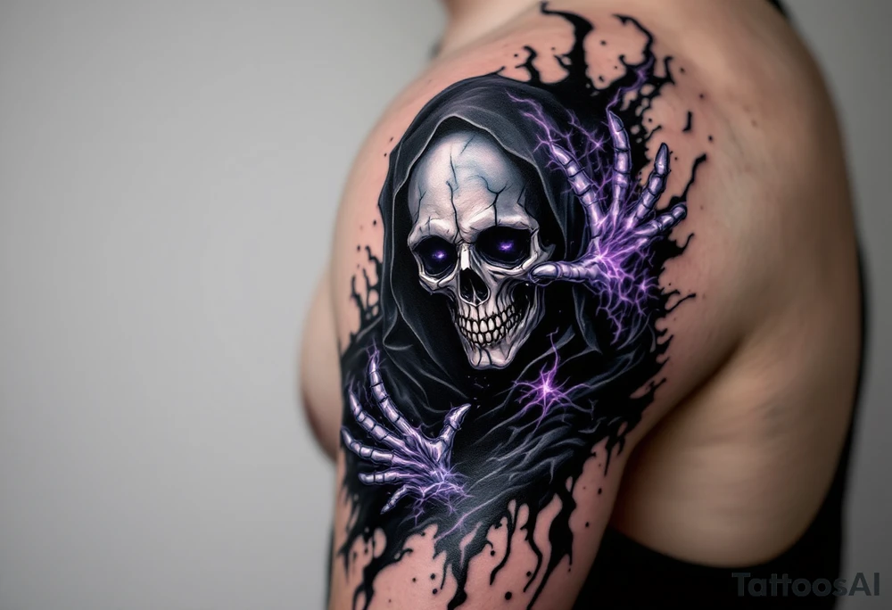 A surreal Grim Reaper dissolving into shadows with highlights of violet, black, and silver. tattoo idea