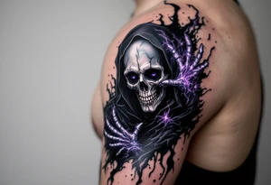 A surreal Grim Reaper dissolving into shadows with highlights of violet, black, and silver. tattoo idea