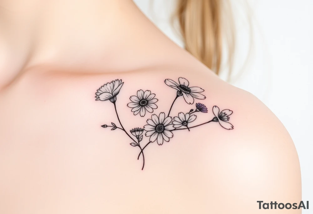 flower arrangment for arm, include two carnations, one violet, two daisies, one cosmos, and one peony tattoo idea flower arrangment for arm, include two carnations, one violet, two daisies, one cosmos, and one peony tattoo idea