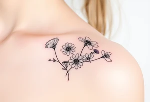 flower arrangment for arm, include two carnations, one violet, two daisies, one cosmos, and one peony tattoo idea
