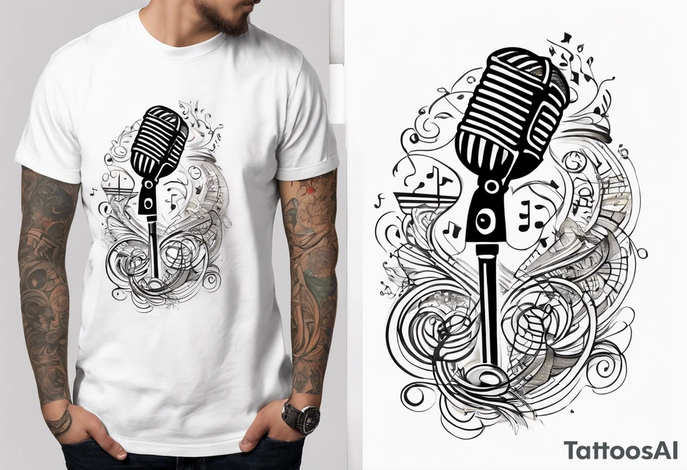 a vintage microphone intertwined with intricate musical notes and symbols tattoo idea
