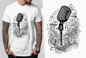 a vintage microphone intertwined with intricate musical notes and symbols tattoo idea