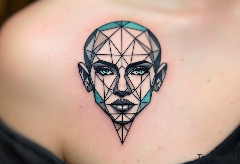 Geometric Stafford – A stylized Stafford head formed with black fine-line geometric shapes, with subtle shading in gray and muted teal. tattoo idea