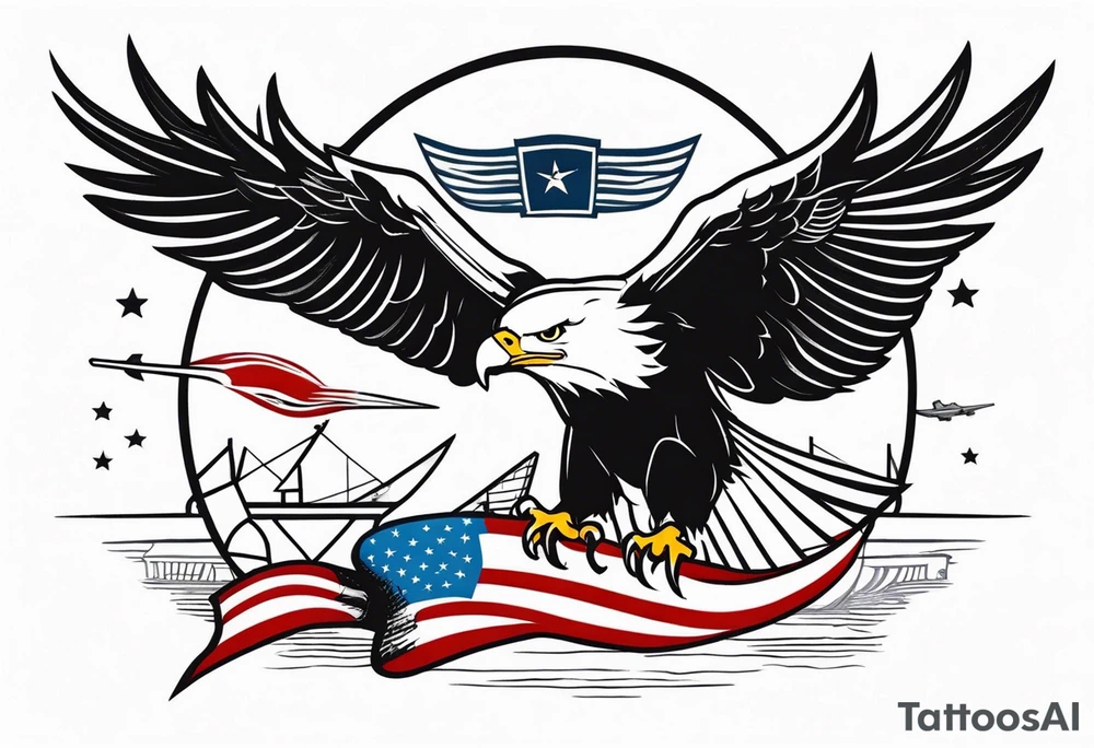 eagle flying in front of aircraft carrier holding American flag in beak tattoo idea