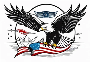 eagle flying in front of aircraft carrier holding American flag in beak tattoo idea