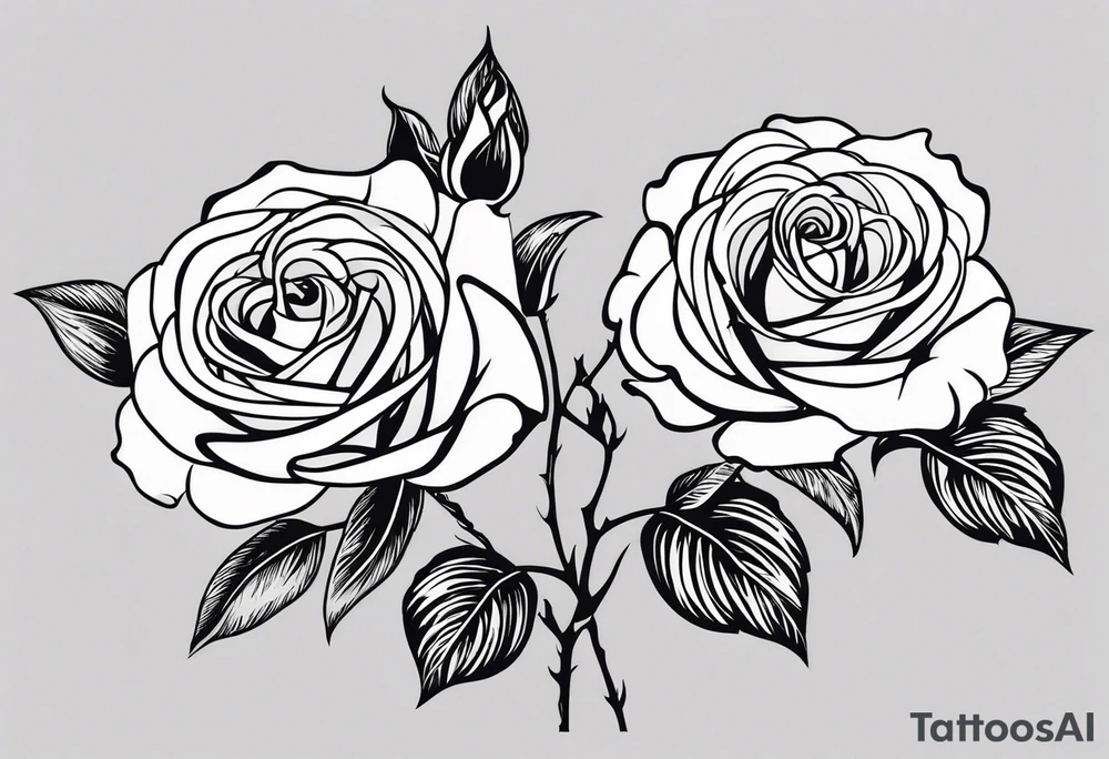 two roses with their stems intertwined, one rose should have thorns and only one main rose, the second rose should be thornless but have multiple flowers on it. I want a long stem to shower them intertwined tattoo idea