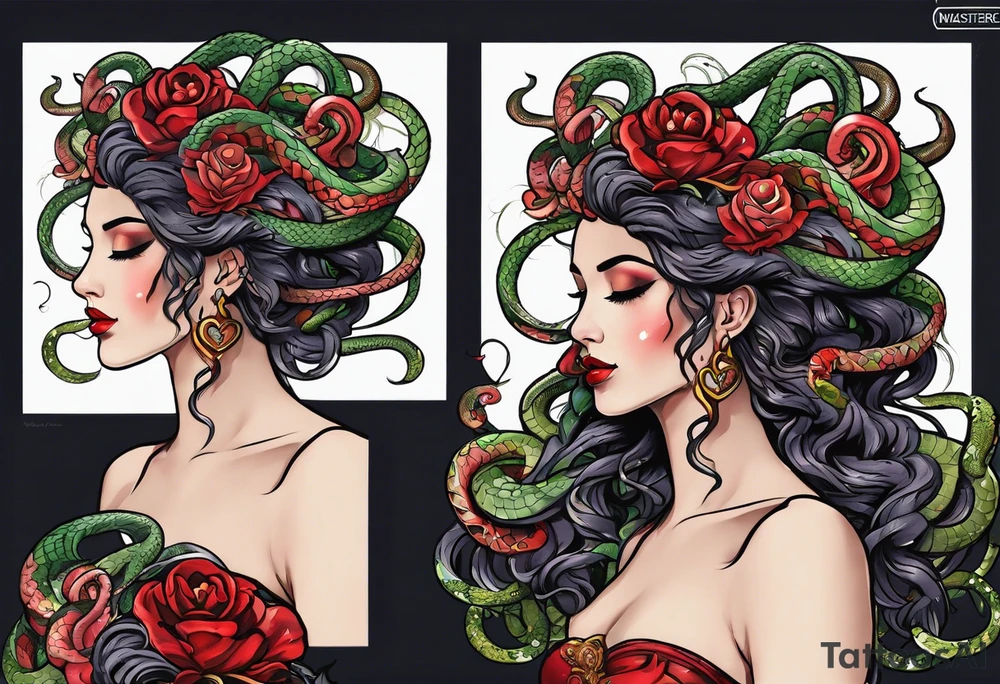 Neo traditional Medusa heads with snakes eating man's heart tattoo idea