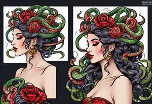 Neo traditional Medusa heads with snakes eating man's heart tattoo idea