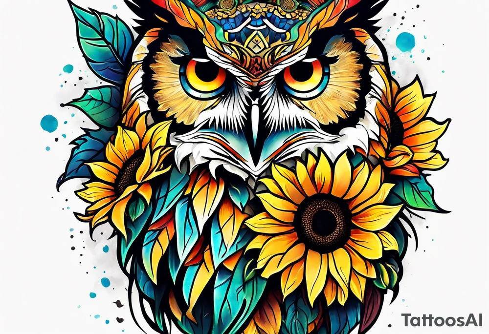 Leg sleeve with colorful sunflowers and an owl tattoo idea