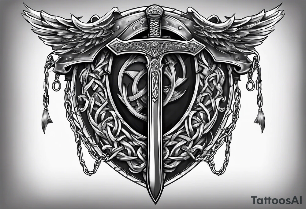 Valhalla sword round shield axe barbed wire chains tattoo idea