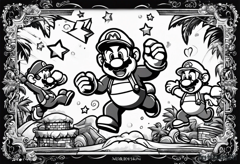 Baby mario and donkey kong jumping for a mario star. Baby Mario's hat says Kade. Donkey Kong's tie says Kyle tattoo idea