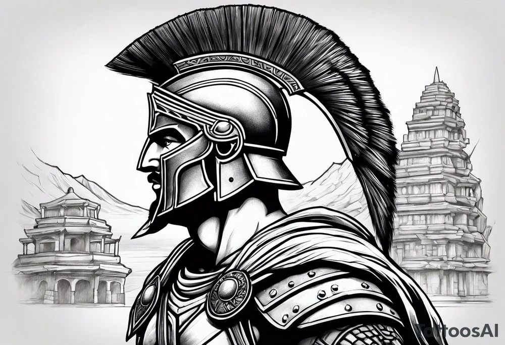 Side profile Spartan Solider ancient city in background tattoo idea Side profile Spartan Solider ancient city in background tattoo idea