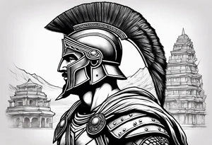 Side profile Spartan Solider ancient city in background tattoo idea