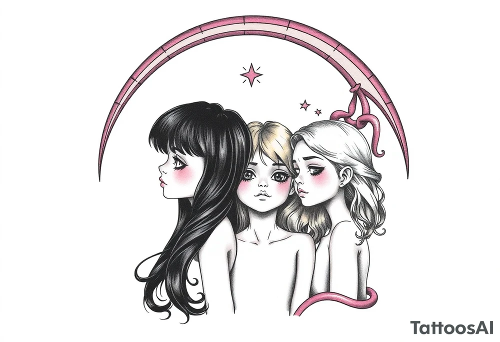 3 petites filles ( une cheveux noir et deux blondes)
sous un arc en ciel incomplet tattoo idea