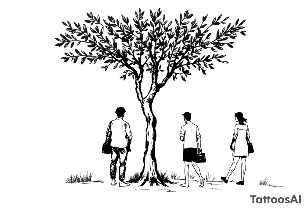 People under big olive tree tattoo idea