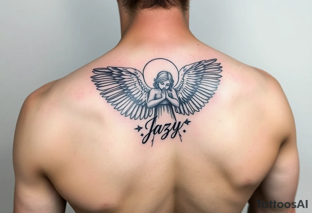 upper shooulder tattoo - Remembrance angel of a deceased best friend with the name Jazy incorporated tattoo idea