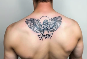 upper shooulder tattoo - Remembrance angel of a deceased best friend with the name Jazy incorporated tattoo idea