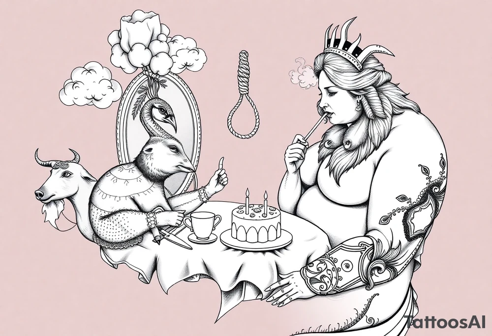 naked fat lady having a tea party with a pig, peacock, noose, lion, goat, smoking cigerettes looking in the mirror having sex with a man eating a cake thru storm clouds with knife and broken hearts and darkness tattoo idea