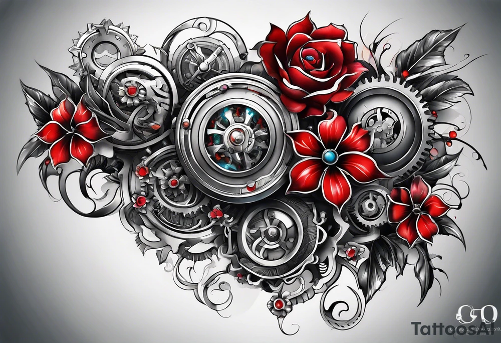 Mechanical flowers with red accents tattoo idea