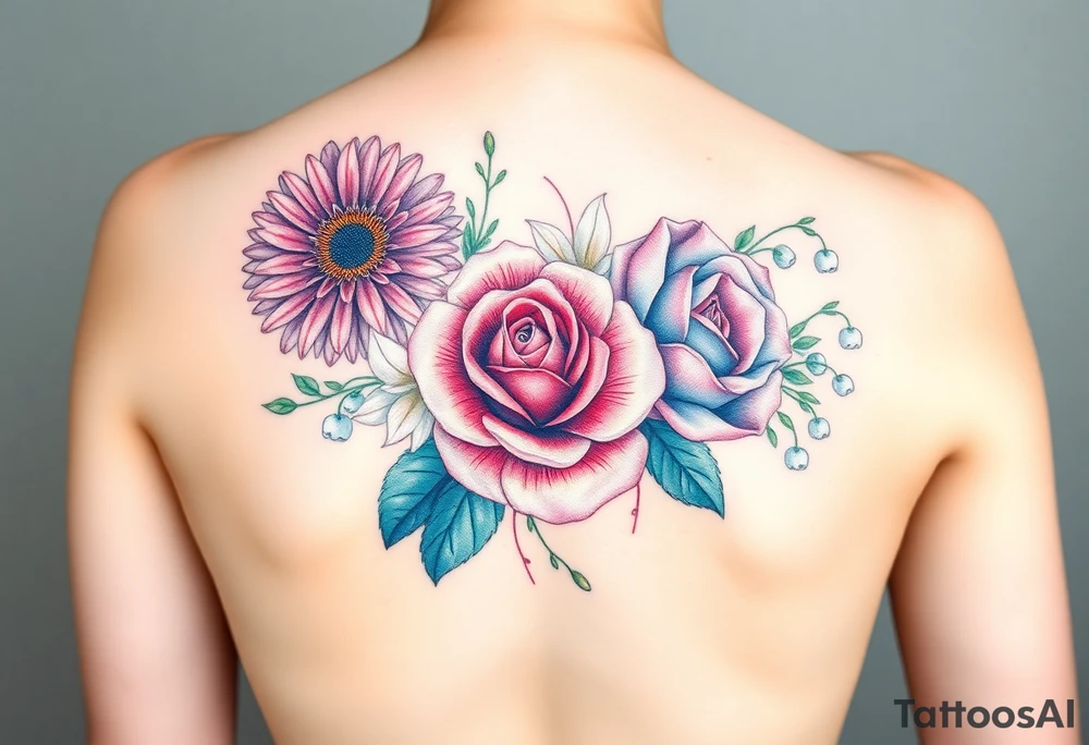 Bouquet of flowers with a aster, carnation, rose, Lily of the valley, larkspur with stems Starting upper middle back to right shoulder tattoo idea