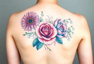 Bouquet of flowers with a aster, carnation, rose, Lily of the valley, larkspur with stems Starting upper middle back to right shoulder tattoo idea