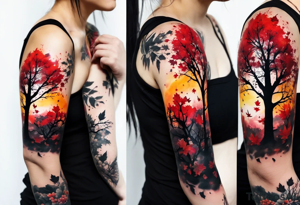 trash polka style. Arm tattoo. Long tattoo. Full sleeve. Shoulder. A single large maple tree with red autumn leaves that branches upwards from wrist to shoulder. White-throated dipper bird on the trees branches. Calluna flowers at the base of the trees stem. Tree stem has dark colors. Red/yellow sunset behind the trees stem. Leaves falling. tattoo idea