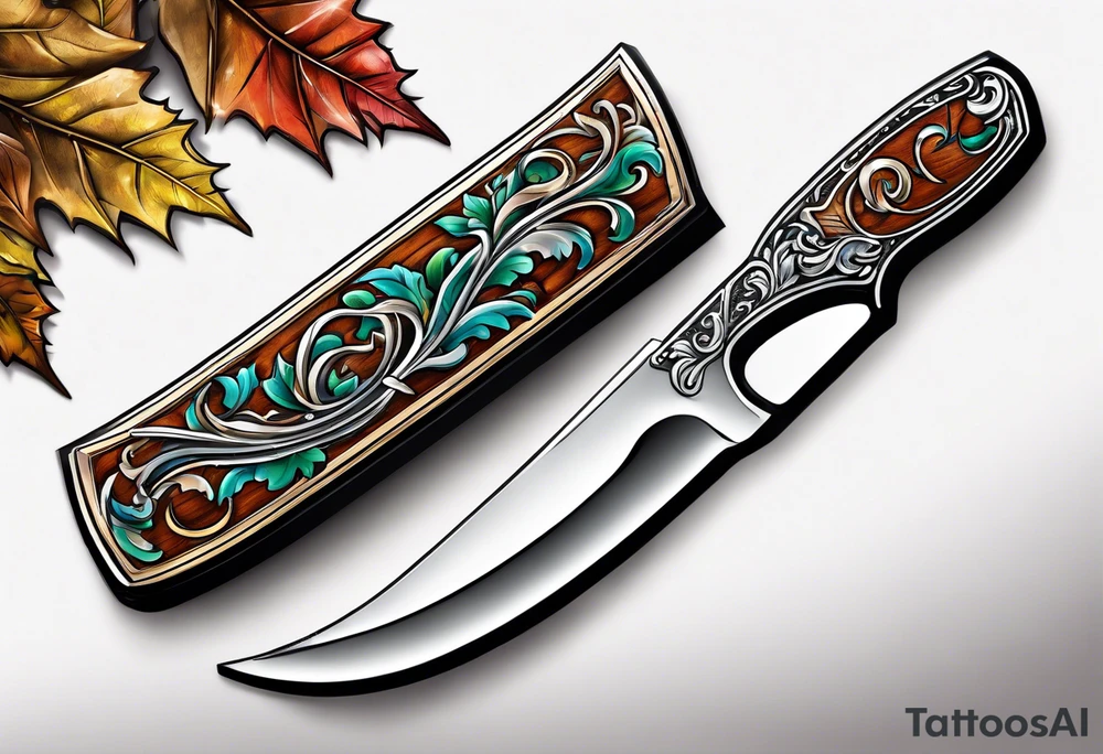 a straight razor lies in oak leaves. tattoo idea