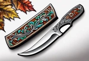 a straight razor lies in oak leaves. tattoo idea