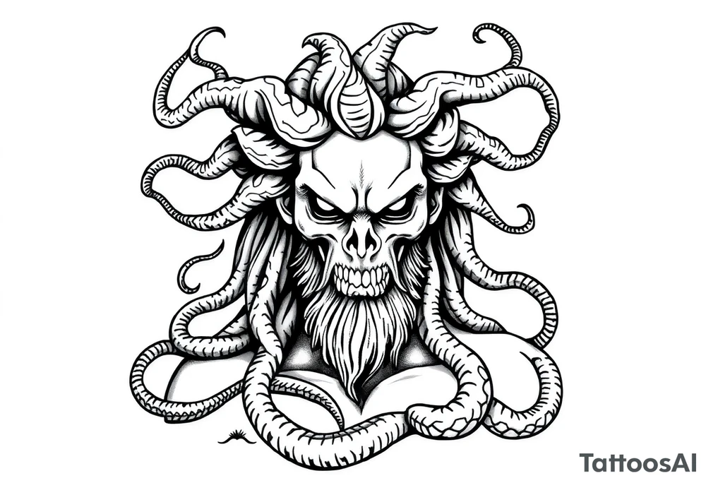 Scary Greek god medusa with snake hairs tattoo idea