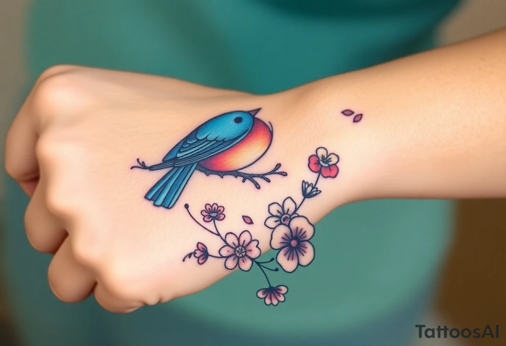 powerful majestic bluebird surrounded by wild flowers tattoo idea