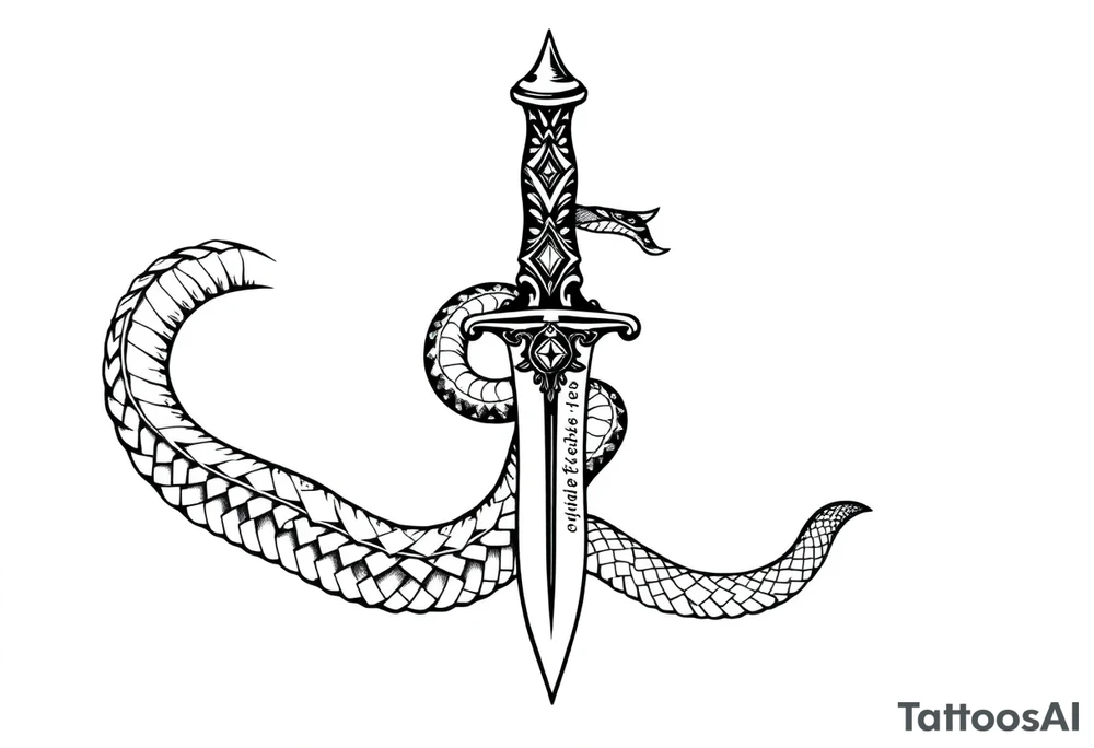 mystical snake coiled around an ancient dagger with jeweled hilt tattoo idea