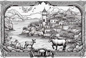 Noah's ark with a badger, a goat and a reindeer inside the outlines of Map of Mallorca tattoo idea