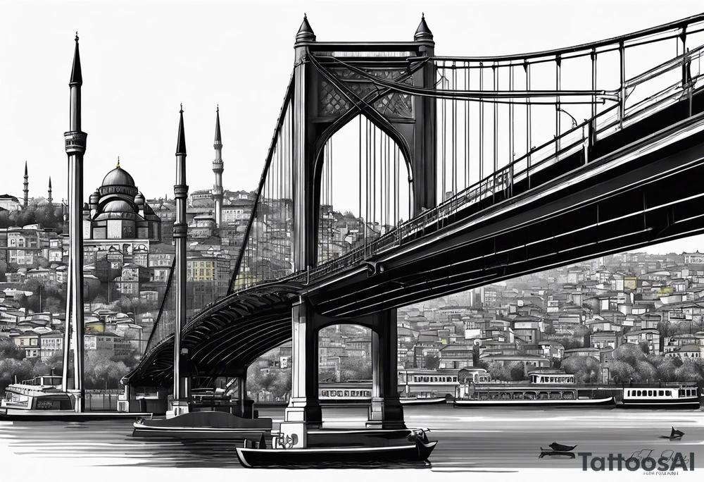 Istanbul bridge with blue details and behind them a big yellow canary tattoo idea