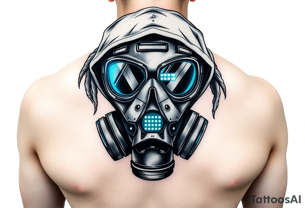 Tech-Nomad Mask
A stylized, worn-out respirator or gas mask, modified with neon lights and HUD displays.
Dreadlocks or a tattered hood for a post-apocalyptic feel.
A mix of traditional shading with futuristic digital glows. tattoo idea