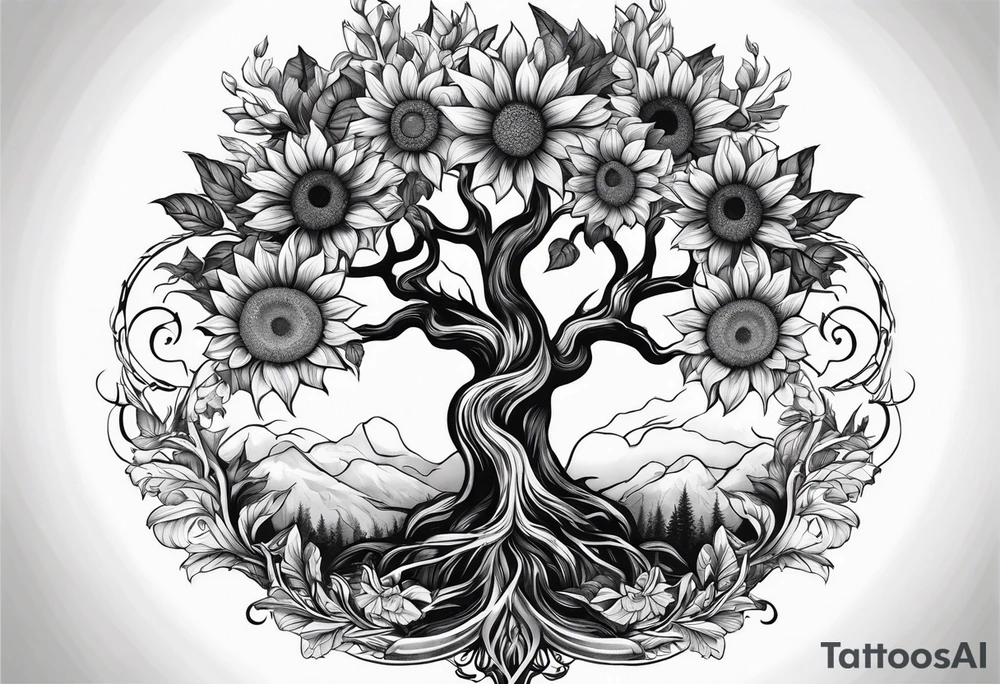 Feminine Yggdrasil tree with two sunflowers tattoo idea Feminine Yggdrasil tree with two sunflowers tattoo idea