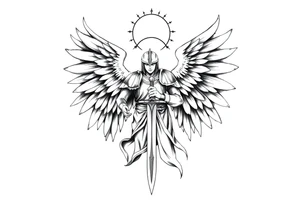 Holy Archangel, Biblical, Christianity, Hebrew, Guards of Christianity, Holding a sword, has six wings, wearing helmet, halo, seraphim, seek justice, walk only with God tattoo idea