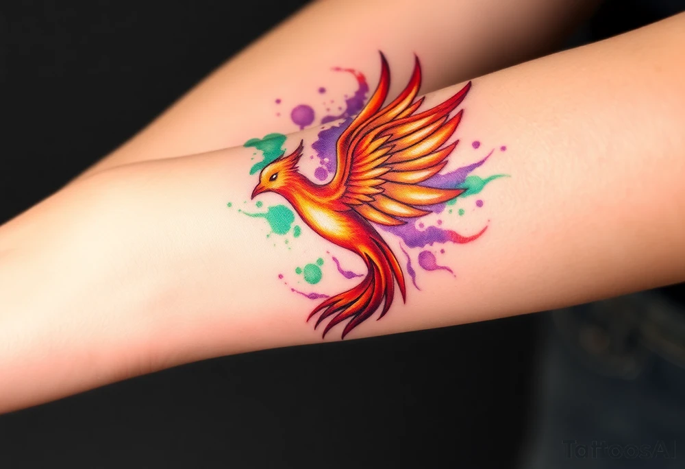 Phoenix with blazing flames with purple and green splashes surrounded by fire tattoo idea