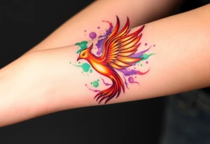 Phoenix with blazing flames with purple and green splashes surrounded by fire tattoo idea