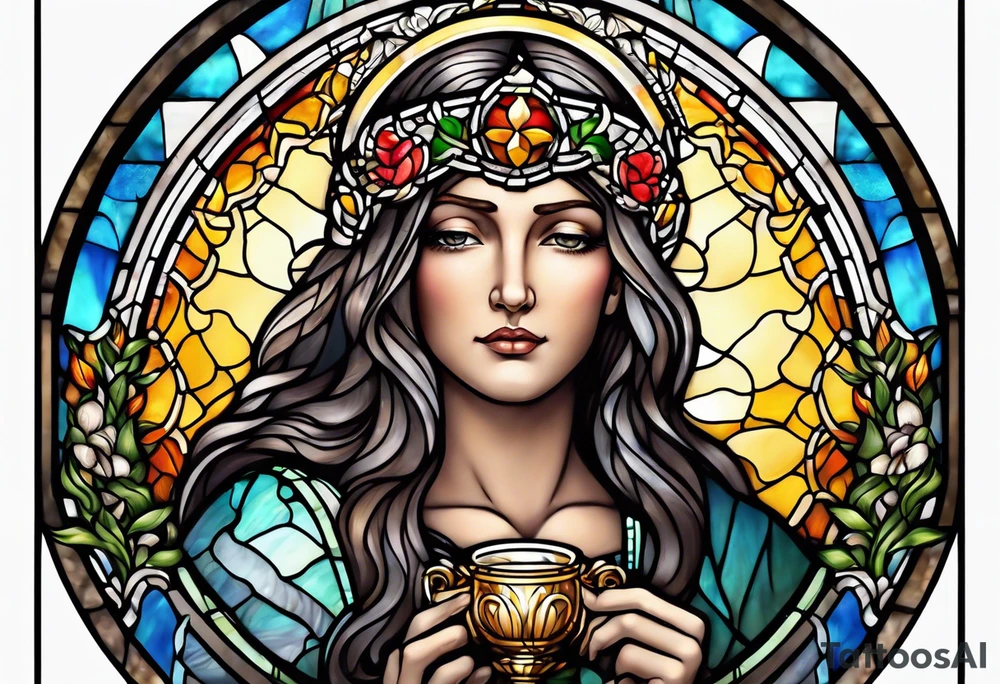 holy saint woman with halo stained glass holding a chalice tattoo idea